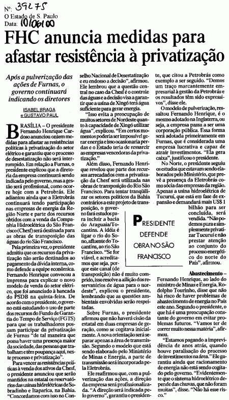 FHC anuncia medidas para acabr com as resistências à privatização da Petrobrás - Estadão - 10/06/2000