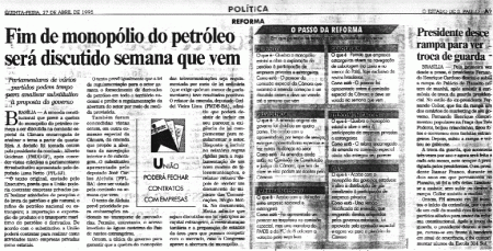 Preparação para a privatização da Petrobrás quando José Serra era Ministro de Planejamento do governo FHC - "Fim do Monopólio do Petróleo será discutido semana que vem" - O Estado de S. Paulo - 27/04/1995